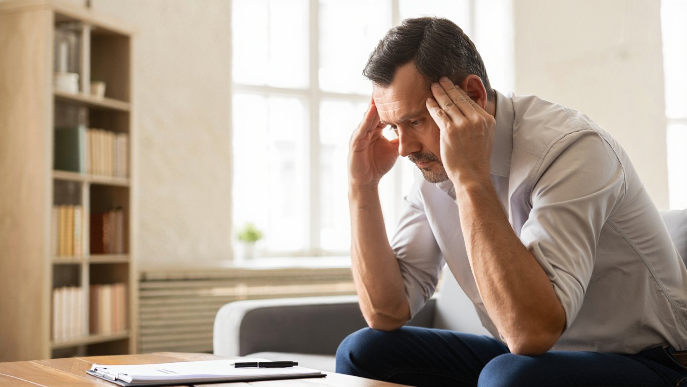 Мужчина сидит в комнате и держит голову руками